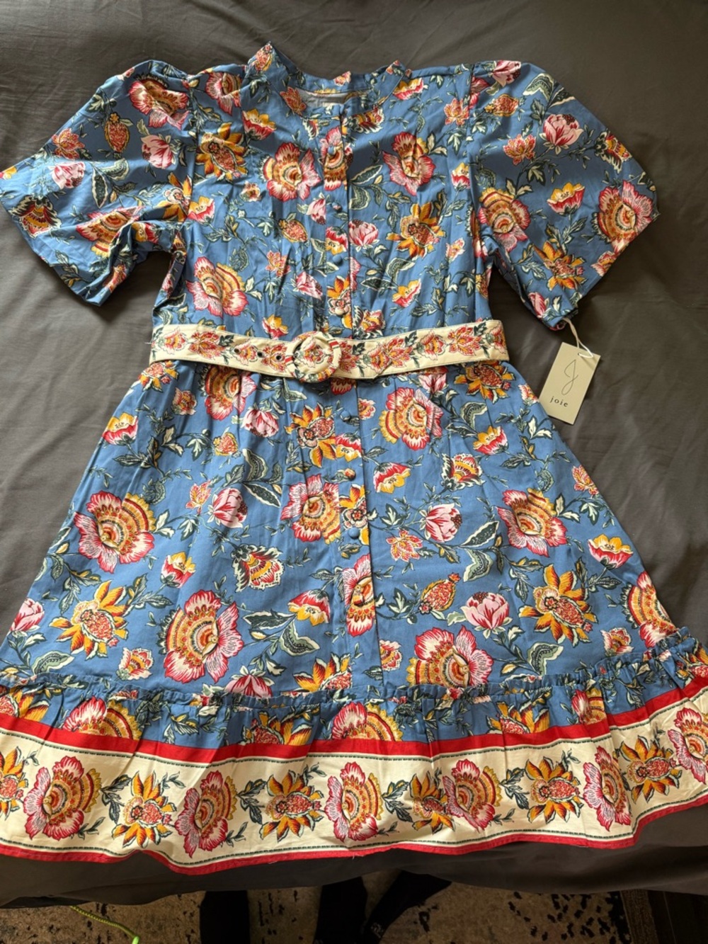 Joie Blue Floral Belted Dress with Cream Trim
